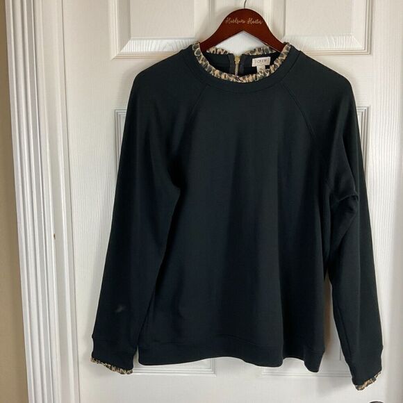 J Crew Women Black Sz XL Sweatshirt Animal Print Trim Pullover Zipper Comfort N3 - Picture 4 of 11